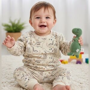 Baby Boy Dinosaur Print Pajama Set - Cream